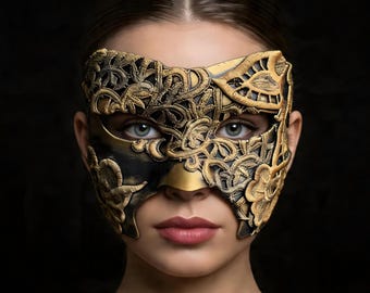 Gold Lace Face Mask 3D Printed, Unique Baroque Accessories, Costume Party Gift For Her, Theatric Ladies Mask, Performance Half Face Mask
