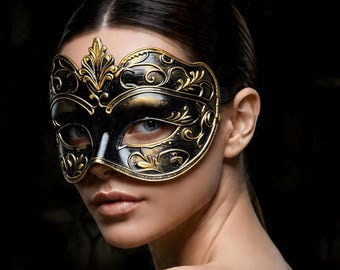 Black & Gold Burlesque Mask, Vintage Glamour Inspired Costume Accessories, Sexy Womens Half Face Mask 3D Printed, Anniversary Gift For Her