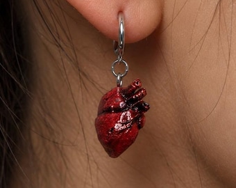 Puede incluir: Un solo pendiente con un colgante de corazón anatómico rojo, suspendido de un aro plateado. El corazón presenta detalles intrincados y una superficie texturizada, creando un diseño único y artístico.