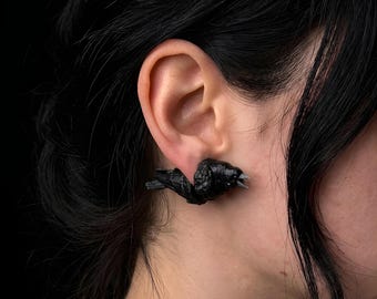 Creepy rook earrings 3D printed, Realistic blackbird figurine jewelry, Gothic cosplay accessories, Crow studs, Raven mono earring, Gag gift