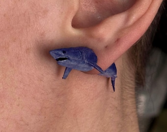 Cute Shark Earrings 3D Printed, Hand-Painted Ocean Animal Earrings, Weird Nautical Jewelry, Men Marine Mono Earing, Gift For Geeky Boyfriend