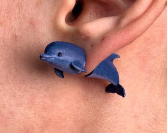 Dolphin Stud Earrings, Realistic Fish Jewelry Hand-Painted, Modern 3D Printed Nautical Accessory, Novelty Animal Jewelry, Ocean Lover Gift