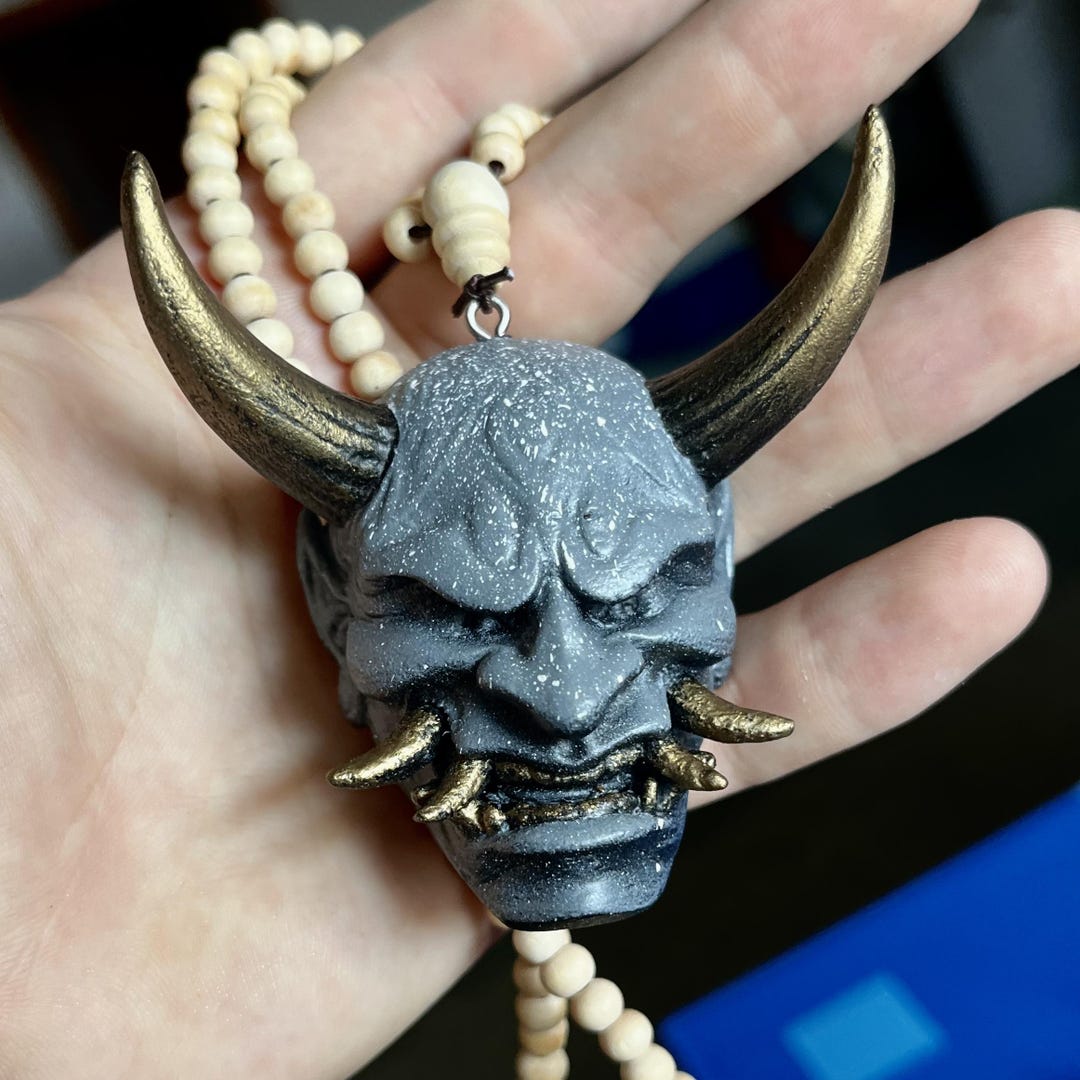 Gray Oni Mask Necklace, Handpainted Demon Car Accessories, Hanging ...