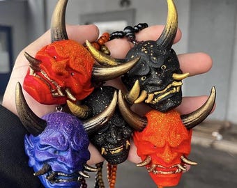 Oni Mask Amulet, 3D Printed Japanese Demon, Samurai Pendant Hand-painted, Hannya Mask Necklace, Creepy birthday gift, Car Accessories