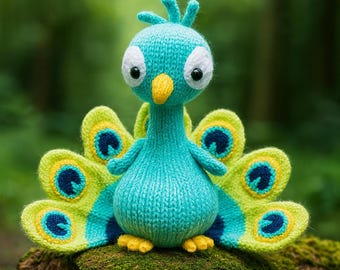 May include: A knitted peacock figurine in shades of teal, yellow, and blue. The peacock has large, wide eyes, a yellow beak, and a fan of feathers in shades of green and blue. The peacock is sitting on a moss-covered log.