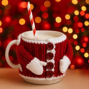 May include: A white ceramic mug with a red knitted Santa Claus sweater design. The sweater has white trim, white mitten-shaped sleeves, and brown buttons. A red and white striped straw is in the mug.