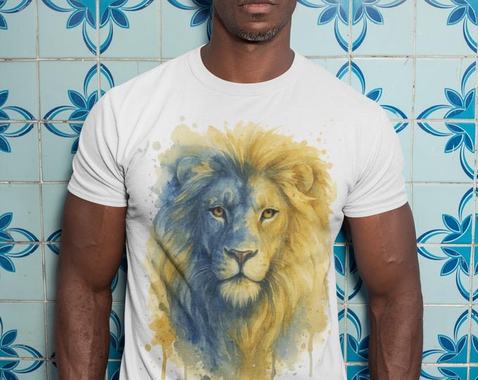 Featured listing image: Blue and Yellow Watercolor Lion Tee | Lion Head T-Shirt