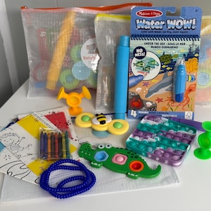 May include: A collection of children's toys, including a water-reveal coloring book, a pop-it, a fidget spinner, and crayons. The toys are in mesh bags and on a white surface. The coloring book says "Water WOW!" and "Under the Sea".