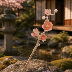 以下が含まれることがあります： 枝のような質感の茎と、ピンクから白へのグラデーションの花びらと繊細な雄しべを持つ3輪の桜の花、そして枝の先端に2つの小さな白い蕾があしらわれたゴールドトーンのヘアピン。
