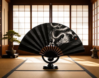 Japanese Folding Fan Black Dragon – Elegant Hand Fan, Japanese Hand Fan, Unique Japanese Gift, Home Decor Accessories