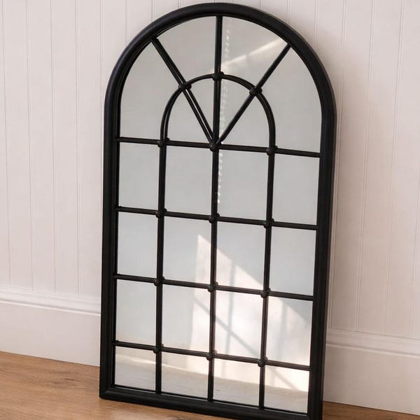 Windowpane Wall Mirror – Arched Black Modern Farmhouse Mirror – Entryway, Mantel or Wall Decor