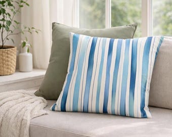 Blue Striped Coastal Throw Pillow Cover | Poly Canvas Beach House Decor