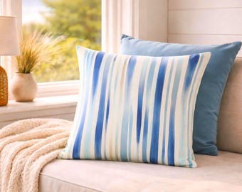 Aqua Blue Striped Square Pillowcase | Coastal Beach House Decor