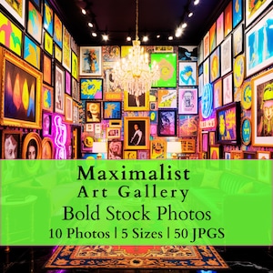 May include: A maximalist art gallery with numerous framed artworks of various sizes and styles. The walls are covered with colorful paintings, photographs, and neon signs. A large chandelier hangs from the ceiling, and the text "Maximalist Art Gallery Bold Stock Photos" is displayed.