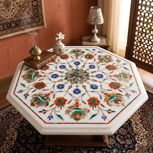 八角形のマーブルコーヒーテーブルトップ｜ホワイトマーブル象嵌テーブル｜ハンドメイドコーナーテーブル｜高級ホームデコレーション