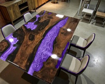Handmade Acacia Wood Purple Epoxy River Dining Table – Customizable