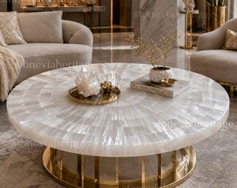 Handgemaakte selenietsteen salontafel, luxe rond woonkamerdecor