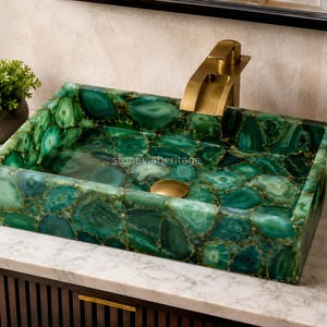 Green Agate Stone Wash Basin | Rectangle Vessel Sink for Powder Room Vanity
