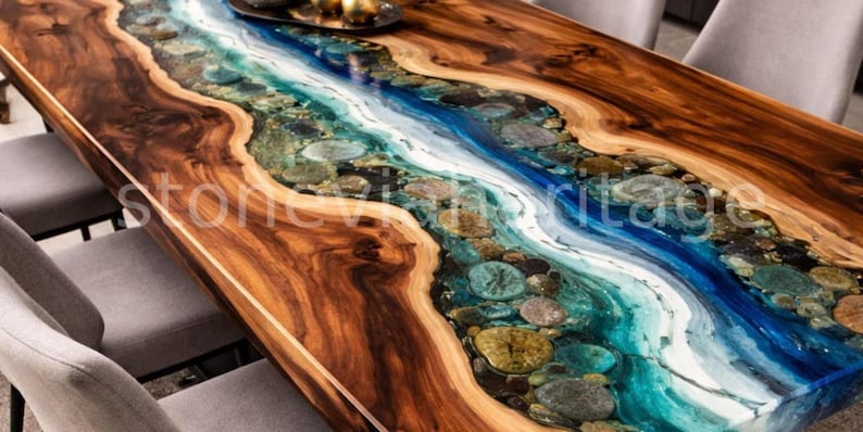 Table Addlips Acacia Wood Epoxy Resin River Table, Live Edge Coastal Decor - Etsy