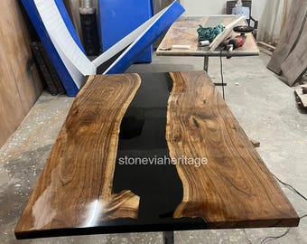 Modern zwart houten tafelblad van epoxyhars - luxe rechthoekige handgemaakte meubels