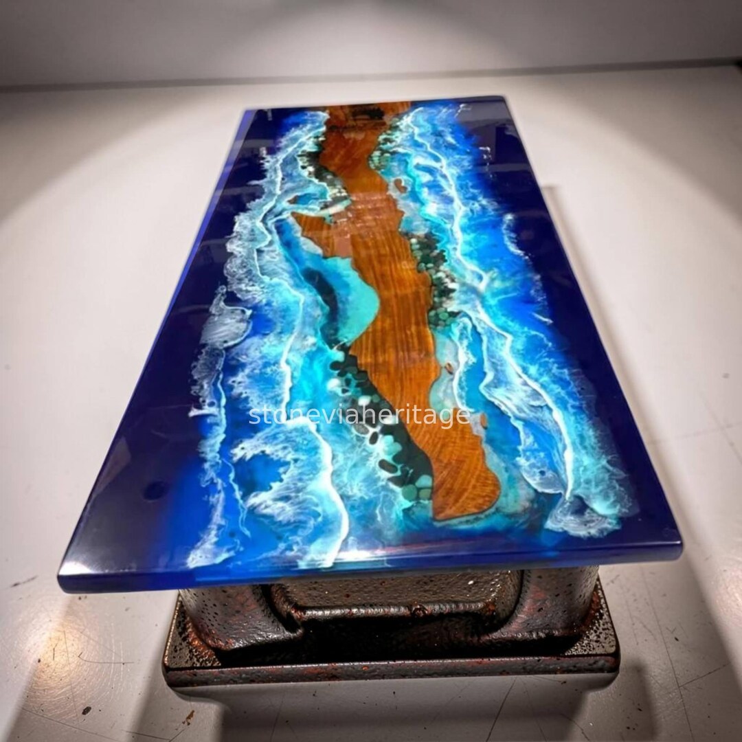 Ocean Beach Epoxy Resin Rectangle Table – Live Edge Acacia Wood River ...