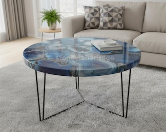 Tavolino da caffè in agata blu fatto a mano – Decorazione di lusso in pietra naturale