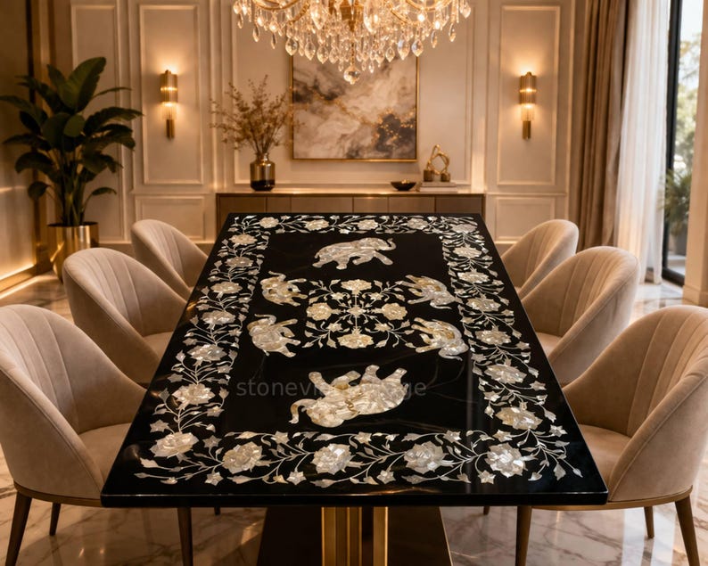 Black Marble Dining Table Top With Mother of Pearl Elephant Inlay ...