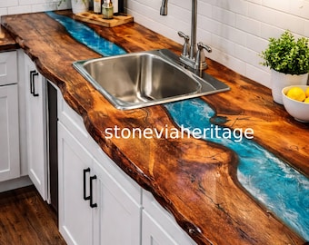 Live Edge Acacia Wood Epoxy River Vanity Top, Custom Resin Furniture