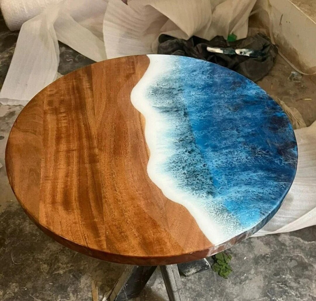Ocean Wave Round Epoxy Table, Acacia Wood Resin Table, Handmade Coastal ...