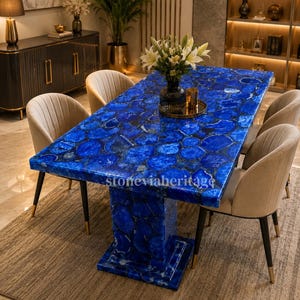 Blue Agate Table Top, Luxury Agate Coffee Table, Handmade Semi Precious Stone Furniture, Custom Home Decor