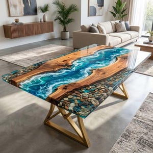 Mesa de jantar Ocean Resin | Mesa de madeira de acácia com epóxi para casa | Tampo de mesa retangular em resina | Decoração para casa e escritório