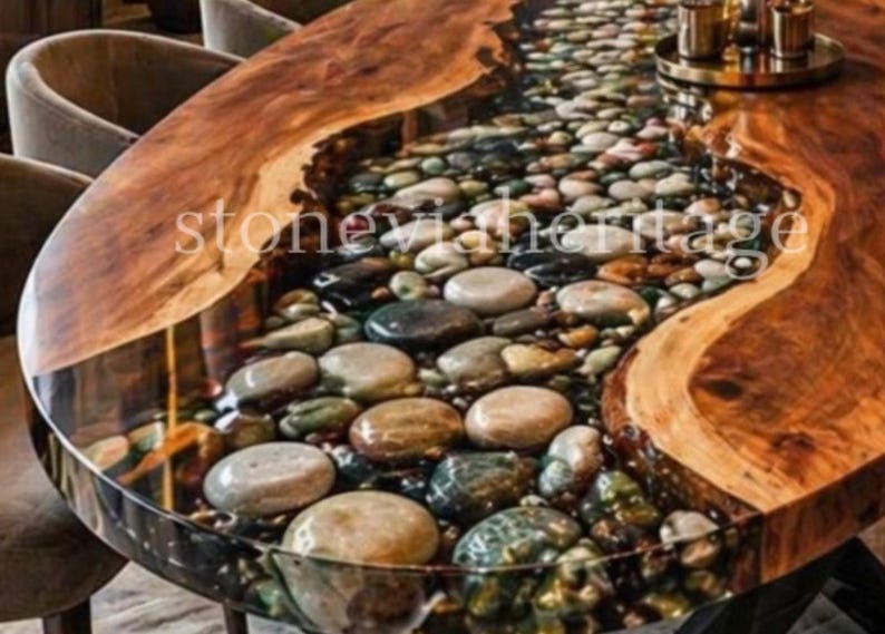 Ebox Table Pebbles Epoxy Resin Table Handmade Stone River Dining Table Acacia Wood ...