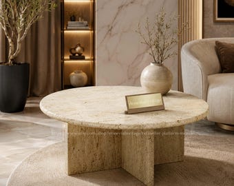 Round Travertine Coffee Table – Natural Stone Pedestal Centerpiece, Modern Living Room Interior
