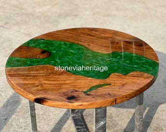 Mesa de centro Green River Epoxy, mesa redonda de resina de madera con borde natural.