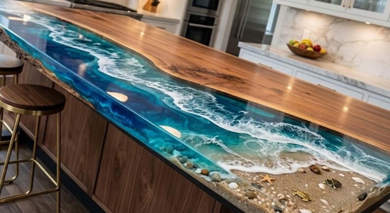 Acacia Wood Live Edge Epoxy River Dining Table – Ocean Wave Design ...