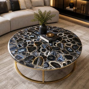 Black Agate Slice Coffee Table – Luxury Handmade Resin Stone Center Table, Modern Living Room Decor, Natural Crystal Furniture
