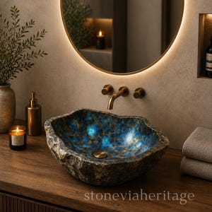 Lavabo da appoggio in labradorite fatto a mano, lavabo da bagno irregolare in pietra preziosa blu.