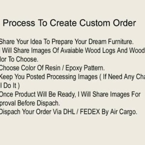 May include: A beige graphic with the title "Process To Create Custom Order" and numbered steps detailing the custom furniture creation process, including sharing ideas, choosing materials, and approval before dispatch.