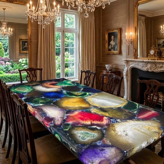 Handmade Multi Agate Dining Table, Custom Kitchen Island Slab, Luxury Stone Furniture