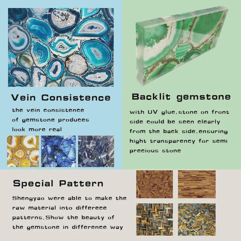 May include: Image of gemstone samples with text detailing vein consistency, backlit properties, and special patterns. The image displays diverse gemstone patterns in shades of blue, green, and brown.