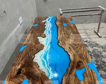 Custom Acacia River Table - Blue Epoxy Resin, Live Edge Dining Table