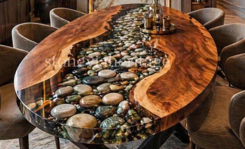 Pebbles Epoxy Resin Table Handmade Stone River Dining Table Acacia Wood ...