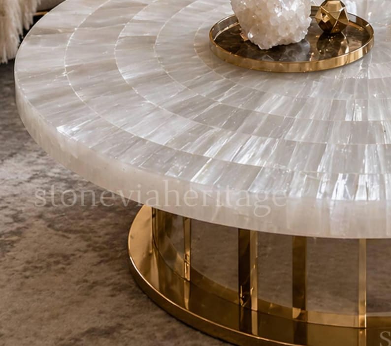 Handcrafted Selenite Stone Coffee Table Top, Luxury Round Living Room ...