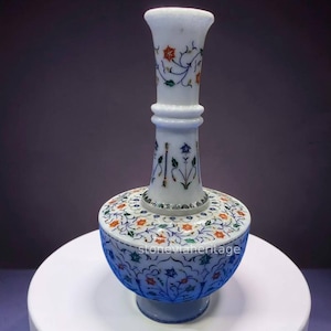 Natural White Marble Flower Pot Floral Marquetry Inlay Multi Gemstone Hallway Living Decor