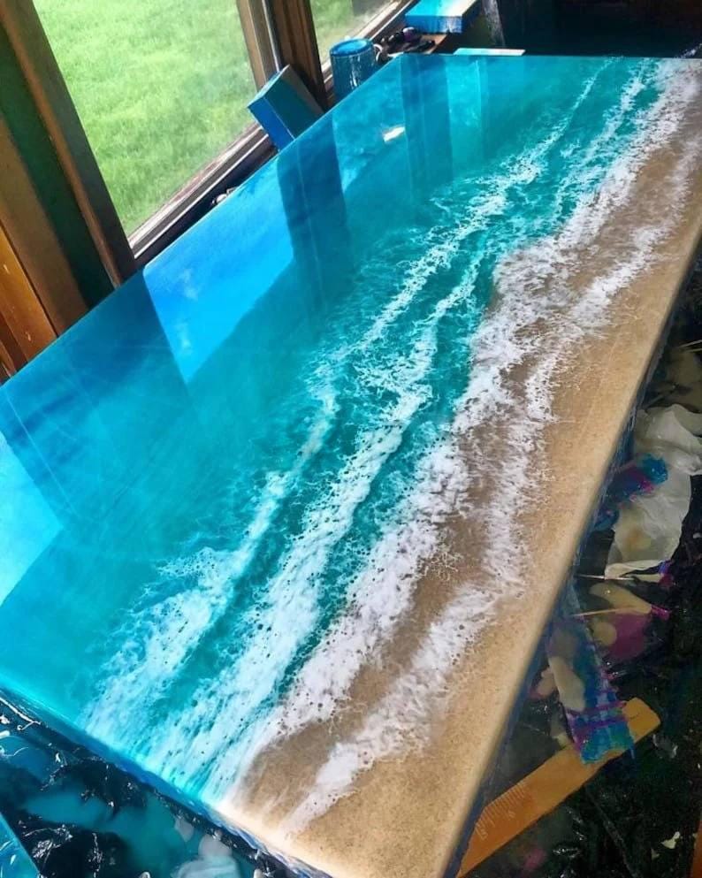 Handmade Ocean Waves Epoxy Resin Table, Coastal Wood Dining Table - Etsy