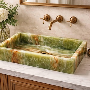 Green Onyx Marble Sink Handmade Rectangular Basin Natural Stone Vanity Sink Luxury Bathroom Countertop Interior