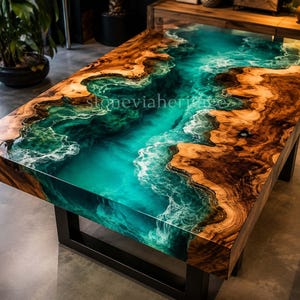 May include: A rectangular wooden coffee table with a turquoise epoxy resin river design. The table has a dark brown wood grain border and a black metal base. The epoxy resin has a wave-like pattern.