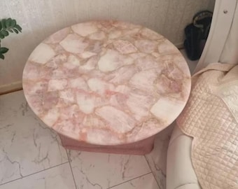 Handmade Rose Quartz Coffee Table, Natural Pink Crystal Accent Furniture