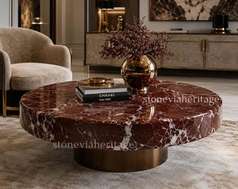 Rosso Levanto Marble Round Coffee Table Luxury Home Decor Handmade Stone Furniture