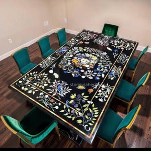 Dining Table Top in Black Marble Floral Pietradura Inlaid Gemstone Work Home Decor